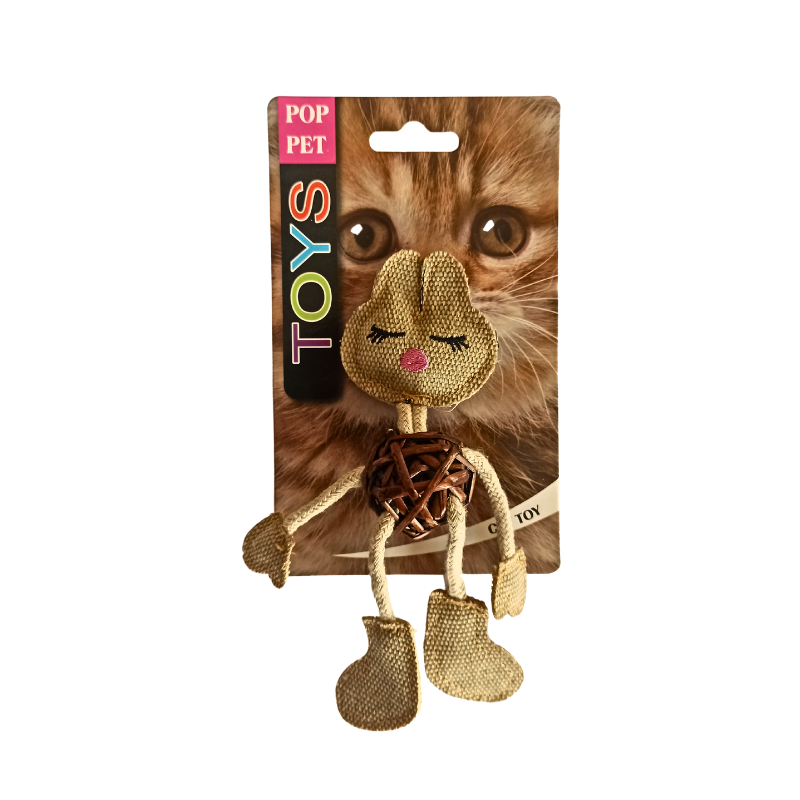 Žaislas katei, medžiaginis triušis su pintu rudu kamuoliuku 15cm