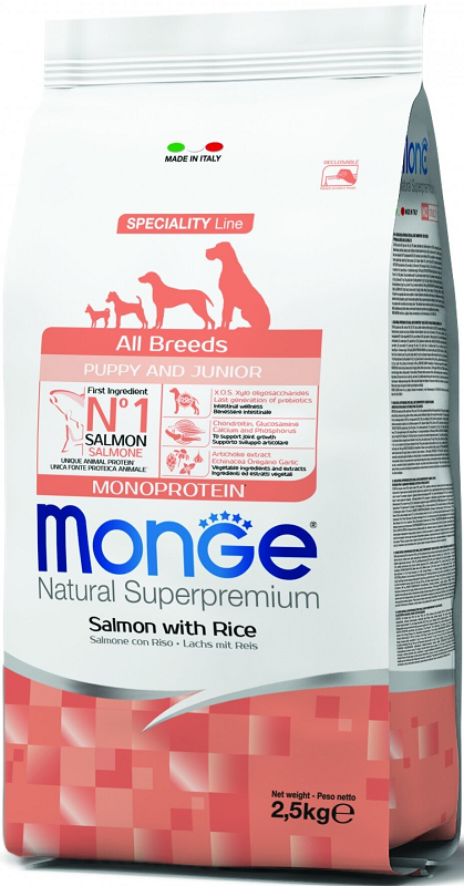 Monge All Breeds Puppy & Junior Salmon (lašiša) sausas pašaras šunims iki 1 metų