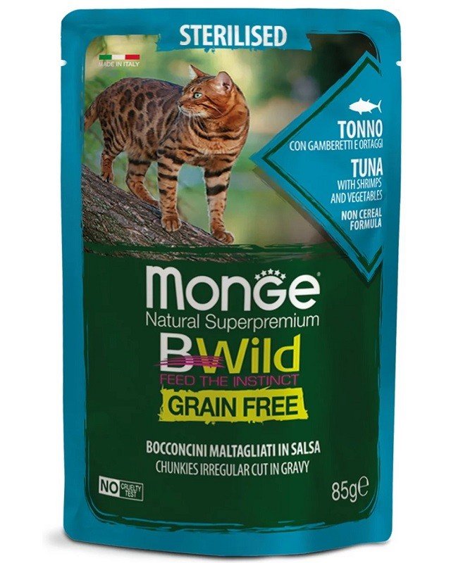 Monge BWild Sterilised konservai katėms su tunu, krevetėmis ir daržovėmis padaže Monge BWild Sterilised konservai katėms su tunu, krevetėmis ir daržovėmis padaže
