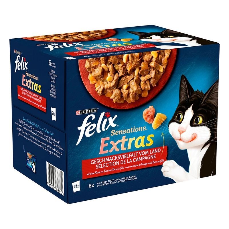 Felix Sensations Extras Jelly jautiena, kalakutiena, vištiena, ėriena konservai katėms 24 x 85 g