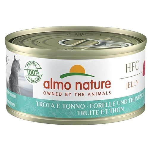 Almo Nature HFC Jelly Trout & Tuna upėtakis ir tunas drebučiuose konservai katėms