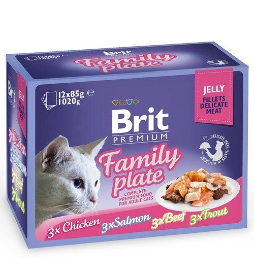 Brit Premium Cat konservai katėms filė drebučiuose Family Plate 12×85 g