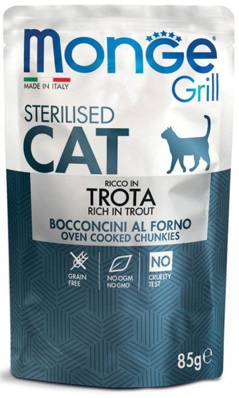 MONGE Grill- Cat Sterilised Trout Jelly konservai katėms su upėtakiu 85g