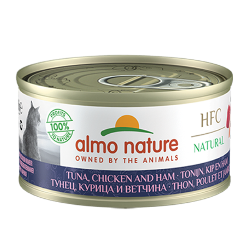 Almo Nature HFC Tuna, Chicken & Ham 70g tunas, vištiena ir kumpis kons. katėms